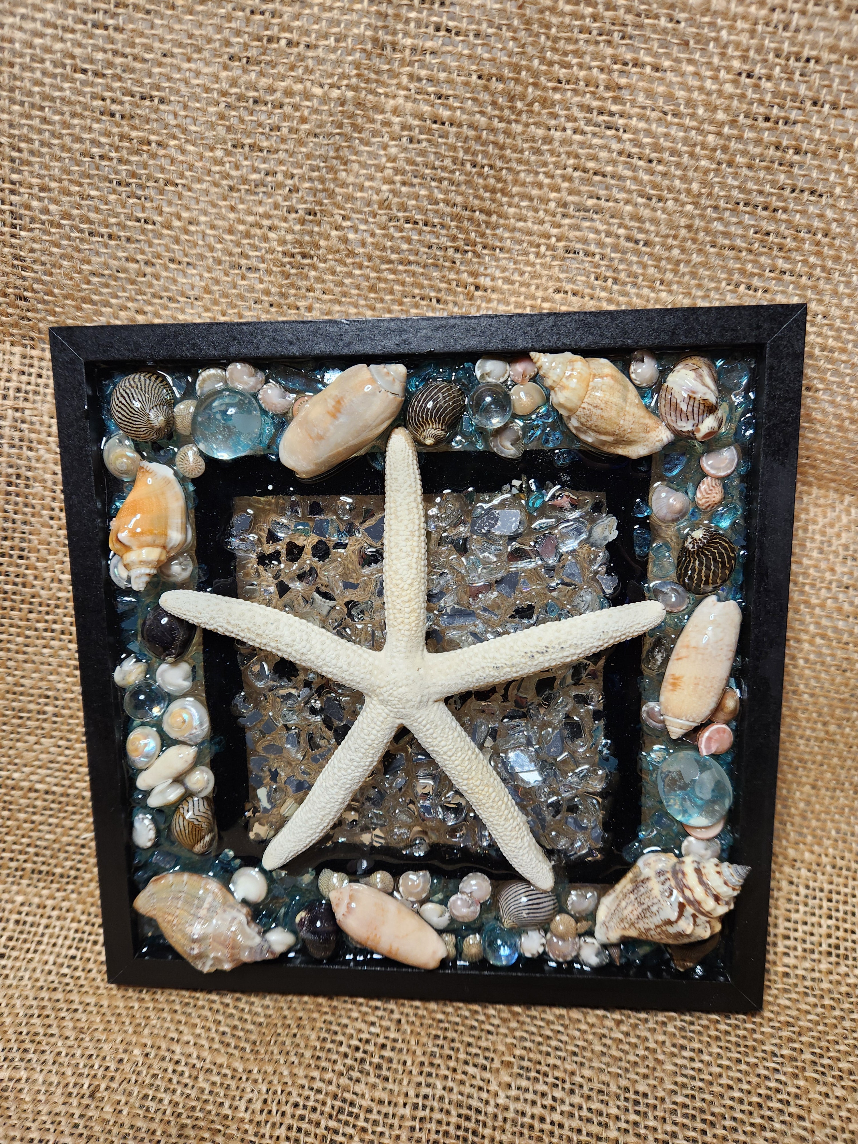 Coastal Resin Framed Glass Art — Seashell & Starfish Wall Decor