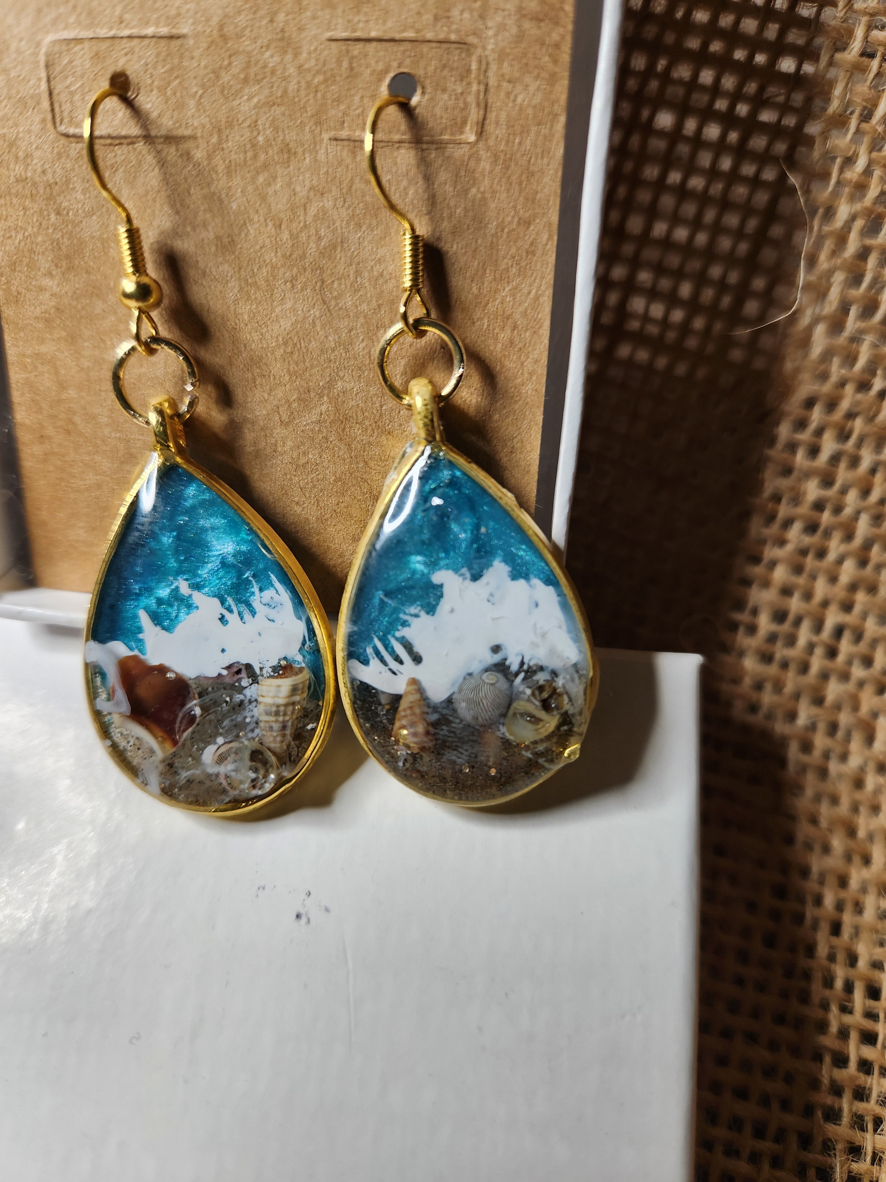 Ocean Wave Resin Drop Earrings — Real Sand & Shell