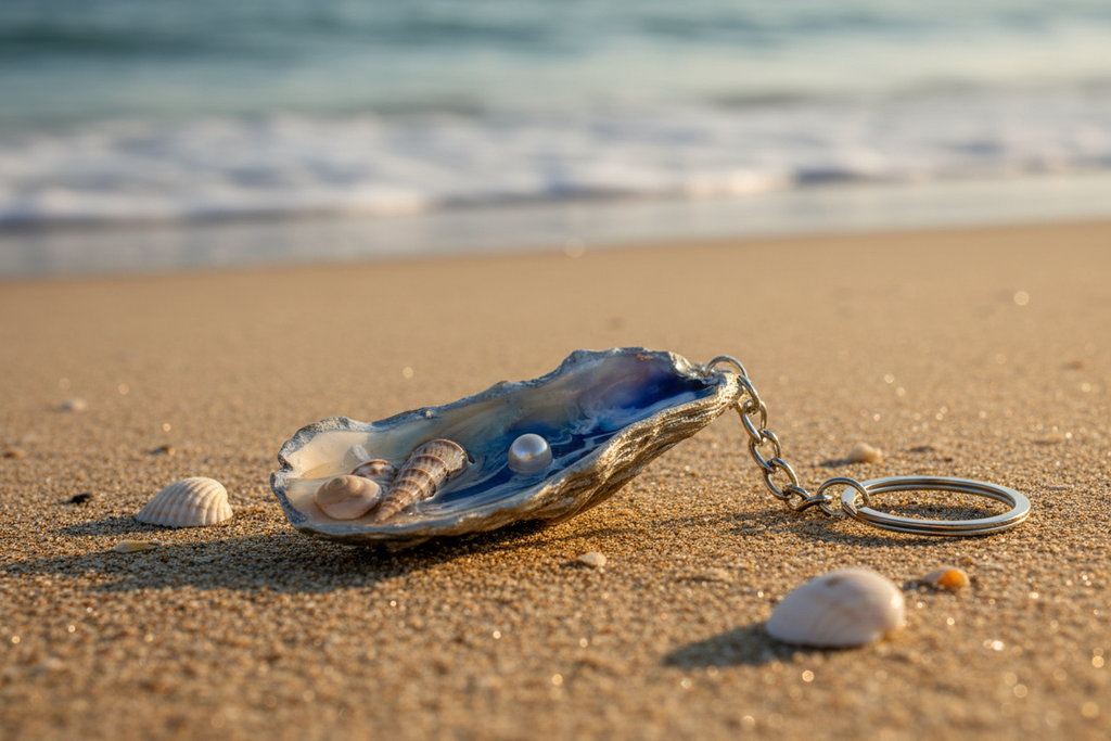 Ocean Oyster Shell Keychain with resin coating